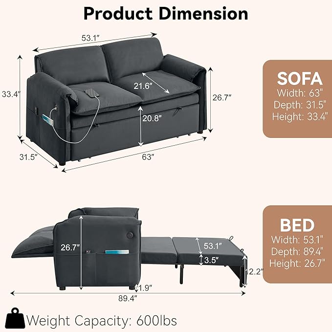 63 Velvet 3 in 1 Convertible Sleeper Sofa Bed Pull Out Couch Bed Loveseat with Adjustable Backrest Chaise Lounge USB Port &amp Side Pocket Modern Sofa for Living Room Small Spaces Dark Gray
