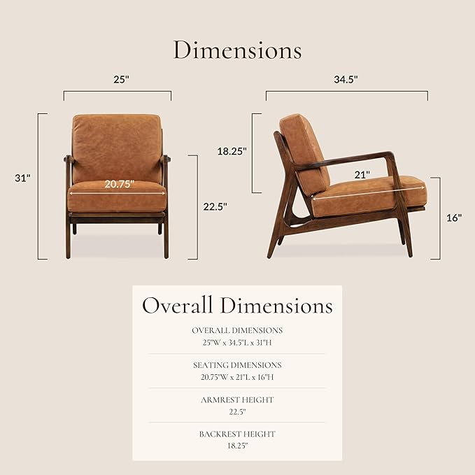 Poly &amp BARK Verity Leather Accent Chair – Armchair with Walnut Wood Frame – Fashion-Forward Lounge Seating for Living Room – Upholstered in Cognac Tan Leather for Modern Style