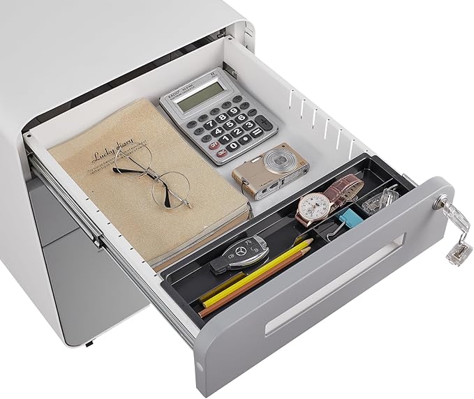 3 Drawer Filing Cabinet with Lock Gray Mobile Metal File Cabinet with 5 Wheels Small Home Office Rolling Metal Under Desk Organizer for Legal/Letter/A4 Files Gray