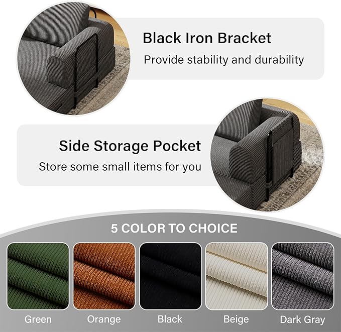 78'' Sleeper Couch Bed for Living Room Convertible Modular Sofa with Fixed Frame &amp Side Pocket Corduroy Futon Boneless Couches in a Box No Assembly Gray