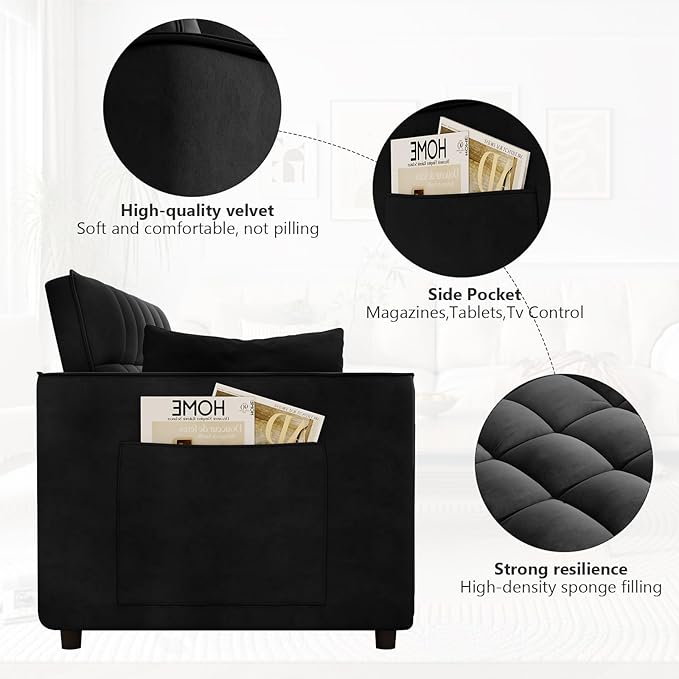 Hison Convertible Sleeper Sofa Bed 3 in 1 Pull Out Couch Bed with Adjustable Backrest Sectional Small couches for Small Spaces Loveseat for Apartment Living Room (Black Velvet)