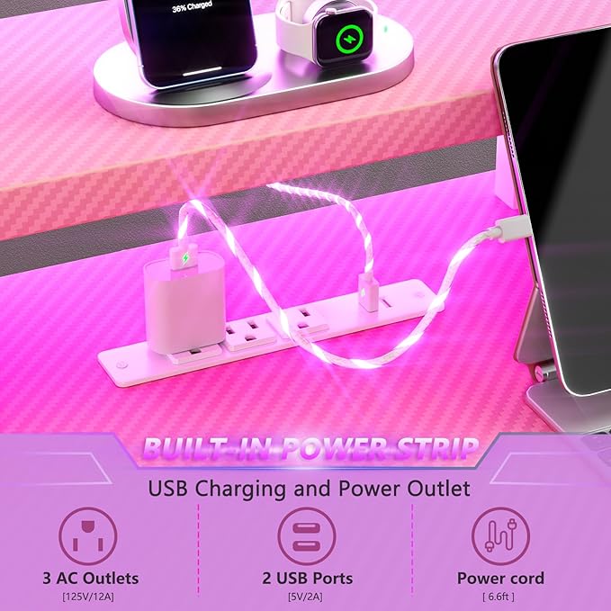 55 Inch Pink Gaming Desk with Power Outlet &amp LED Lights Corner Computer Desk with 3 Tiers Storage Shelves L Shaped Gaming Desk with Monitor Stand for Bedroom