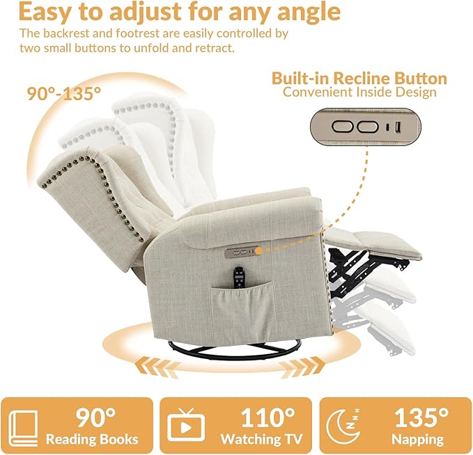 Power Swivel Rocking Glider Recliner Chair Electric Nursery Reclining Sofa Chair with Heat and Massage Wingback Tufted Upholstered Recliner for Living Room USB and Type-C Ports Beige