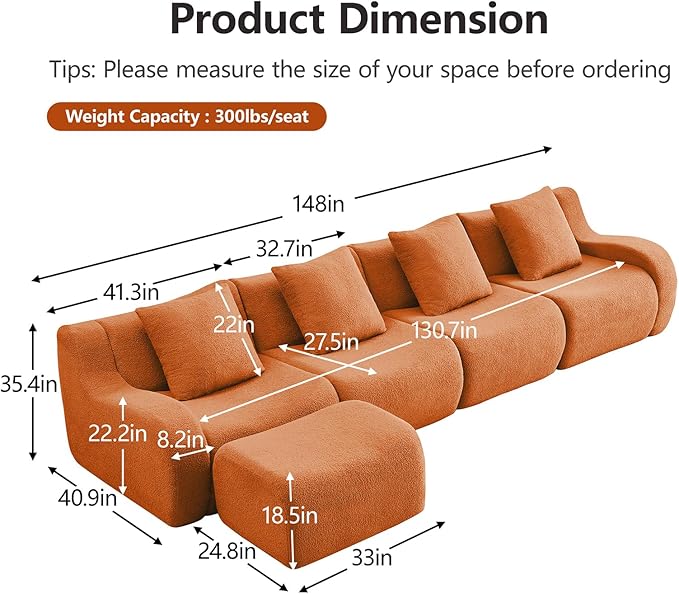 Orange L-Shaped Cloud Couch with 1 Ottoman Modern Teddy Fabric Boneless Sectional Sofa in a Box Modular Floor Sofa for Living Room Deep Seat No Assembly Required Sofas para Sala