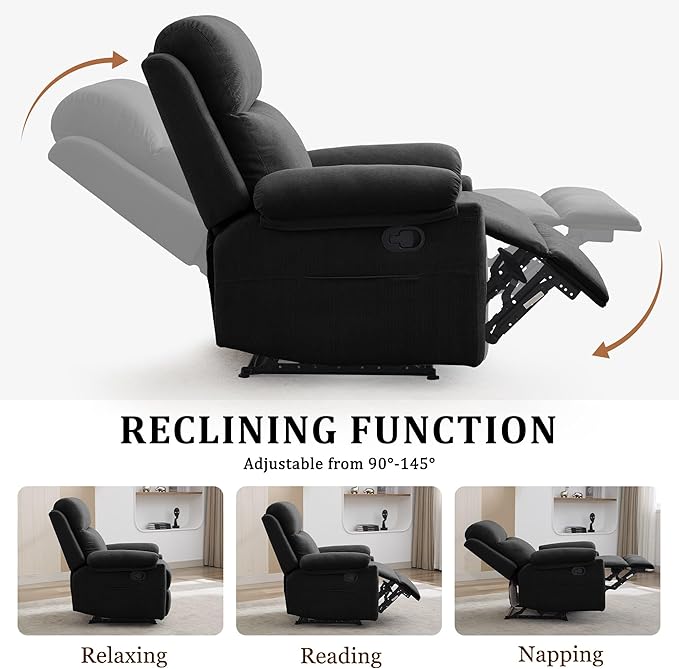 Recliner Chairs Small Recliners for Small Spaces Manual Recliner for Adults with Side Pockets Adjustable Overstuffed Comfy Corduroy Reclining Chair for Living Room Bedroom Reading Black