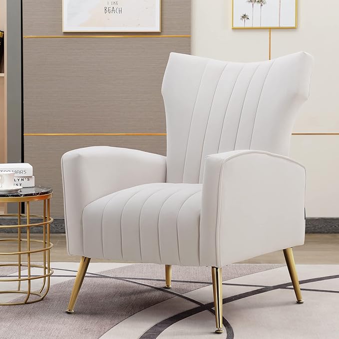 Artechworks Curved Tufted Accent Chair with Metal Gold Legs Velvet Upholstered Arm Club Leisure Modern Chair for Living Room Bedroom Patio White Cream