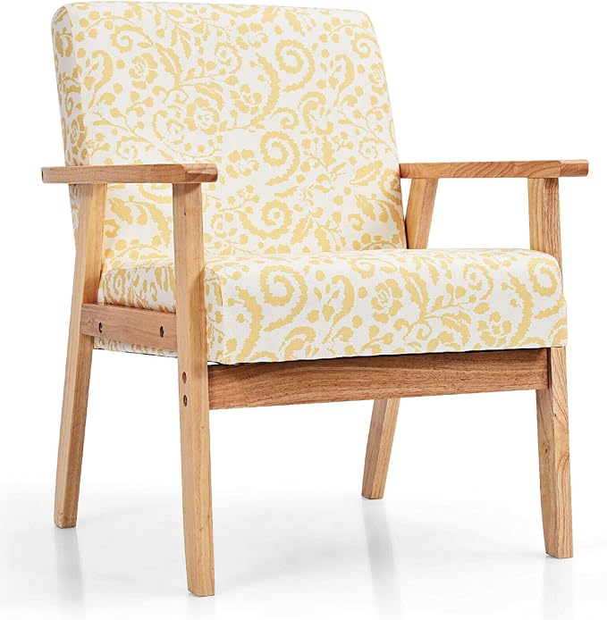 2PCS Yellow Floral Accent Chair Armchair Upholstered Lounge Chair With Soft Thick Cushion Ergonomic Armrest Non-Slip Foot Pads Rubberwood Construction Suitable For Living Room Study Balcony Office Use