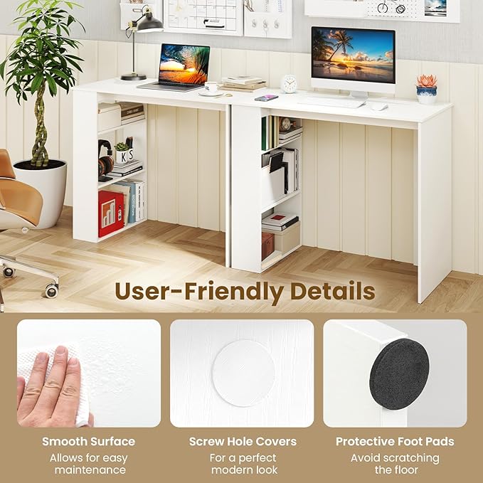 Tangkula Small White Desk with 3-Tier Bookshelf Modern Simple Home Office Desk for Small Space Wooden Writing Desk for Study Living Room &amp Bedroom Compact Laptop PC Workstation (White)
