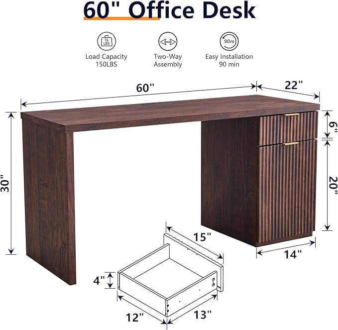 JXQTLINGMU 60 Modern Executive Desk with Storage Wood Home Office Desk with Drawer &amp Cabinet Fluted Computer Writing Desk for Study Living Room Bedroom Dark Walnut