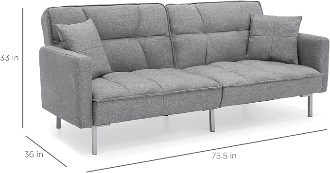 Best Choice Products Convertible Linen Fabric Tufted Split-Back Plush Futon Sofa Furniture for Living Room Apartment Bonus Room Overnight Guests w/ 2 Pillows Wood Frame Metal Legs - Dark Gray