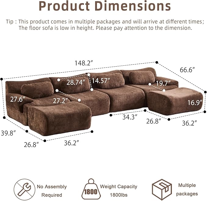 148.2 Boneless Couches for Living Room Set Cloud Modular Sectional Sofa in a Box Memory Foam Modern Couch Big Comfy Compressed Sofas U Shaped Couch with Ottoman Bedroom Apartment Chocolate