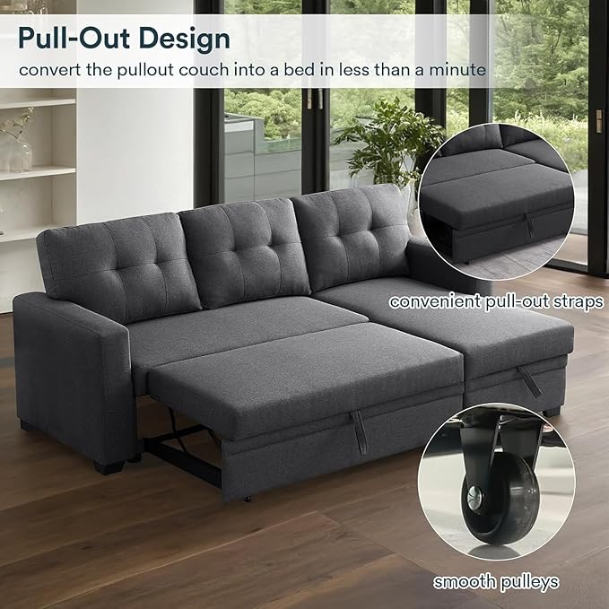 L Shaped Couch 4 in 1 Pull Out Sofa Bed Sleeper Sectional Sofa with Storage Convertible Sofa Bed 82in Chaise Lounge for Living Room Apartment Dorm