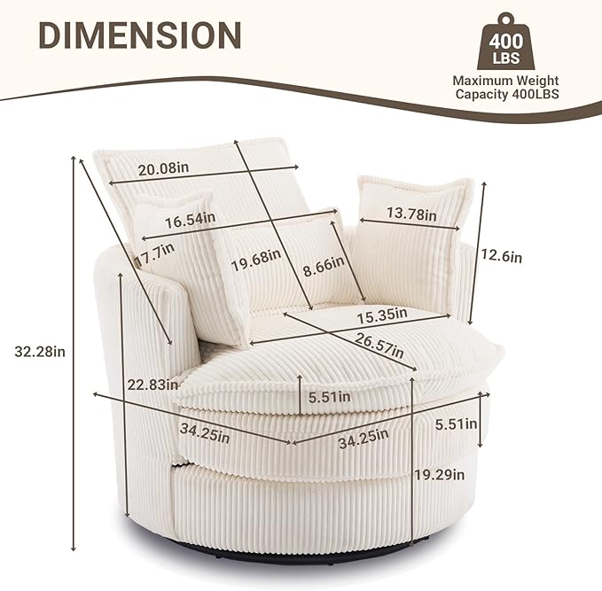 Karl home Swivel Barrel Chair-Corduroy360 Degree Modern Lounge Armchair ChairComfy Round Accent Single Sofa Chair with 3 Pillows for Living RoomBedroomLoungeHotelBeige