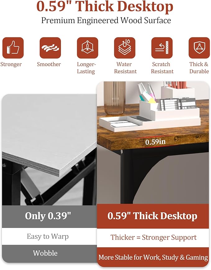 Computer Desk 47.2 Office Desk Extra Wide 23.62” Deep Desktop 0.59” Thick Heavy-Duty Home Office Desks Office Table with Steel Frame Modern Wood PC Desk for Bedroom Study Writing Gaming Work