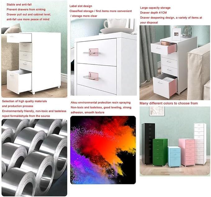ELEFOCUS 8 Drawer Storage Cabinet Drawer Living Room Multi-Layer Storage Cabinet Office Iron Filing Cabinet with Pulleys(Color:Red)