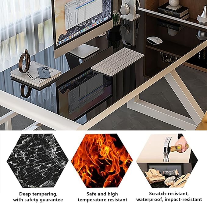 Tempered Glass Computer Desk Modern Home Office Desk Gaming Desk Writing Study Table Workstation for Home Office(100CM White+Black Frame)