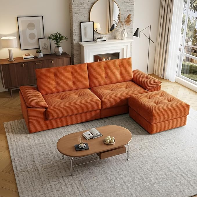 109.5 Loveseat Sofa with Ottoman Corduroy L Shape 3 Seater Couch Modular Sectional Couch for Living Room Small Spaces Apartment No Assembly Required Orange