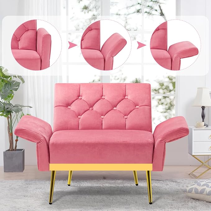 Velvet Accent Chair w/Adjustable Armrests and Backrests Tufted Single Sofa with Ottoman Upholstered Reading Chiar for Living Room Apartment Bedroom Pink