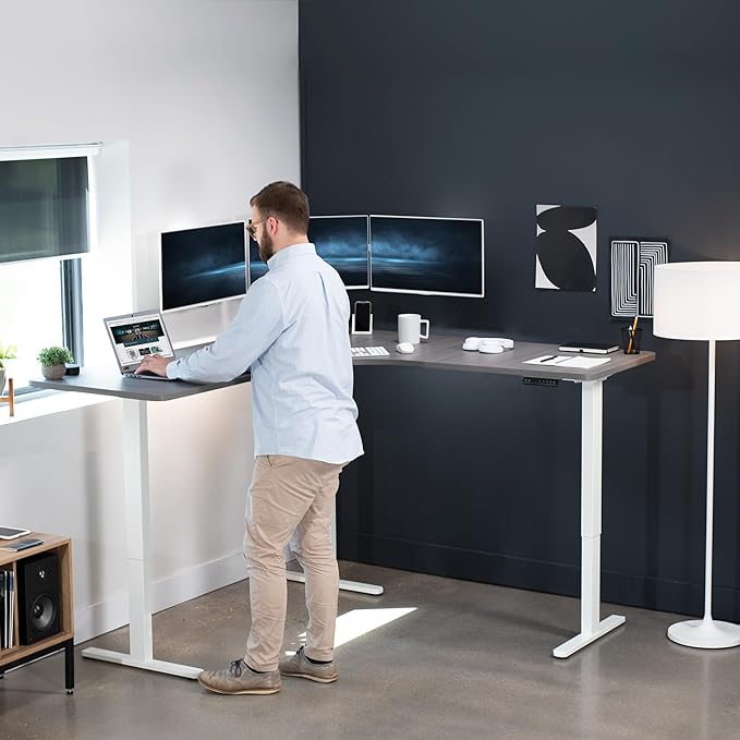 VIVO Electric Height Adjustable 71 x 71 inch Curved Corner Stand Up Desk Dark Gray Table Top White Frame Memory Controller L-Shaped Workstation E3C Series DESK-KIT-E3CWG