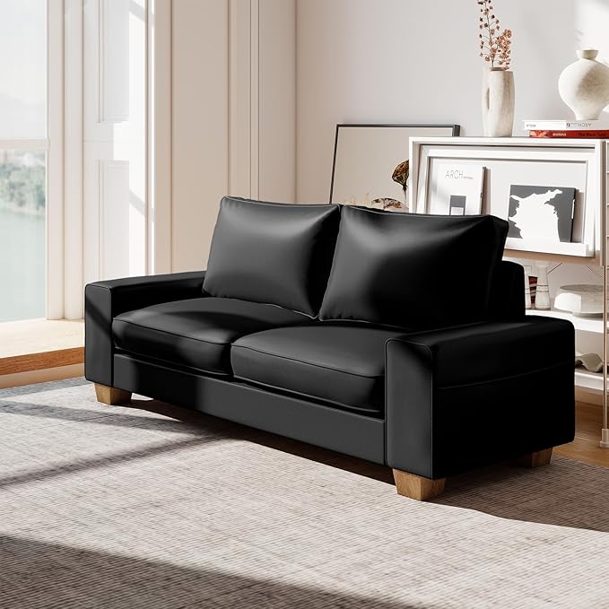 Modern Faux Leather Sofa Large Couch with Spring Cushions &amp Solid Wood Frame Easy-to-Clean Removable Cover Spacious Living Room Family Furniture Extra Long Couch (88.58 Black)
