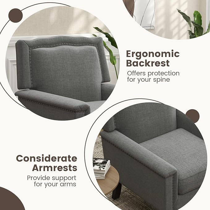 Giantex Mid-Century Modern Accent Chair Grey Linen Fabric Upholstered Armchair w/Rubber Wood Legs Nailhead Trim Max Load 440 Lbs Comfy Single Sofa Side Chair for Living Room Bedroom