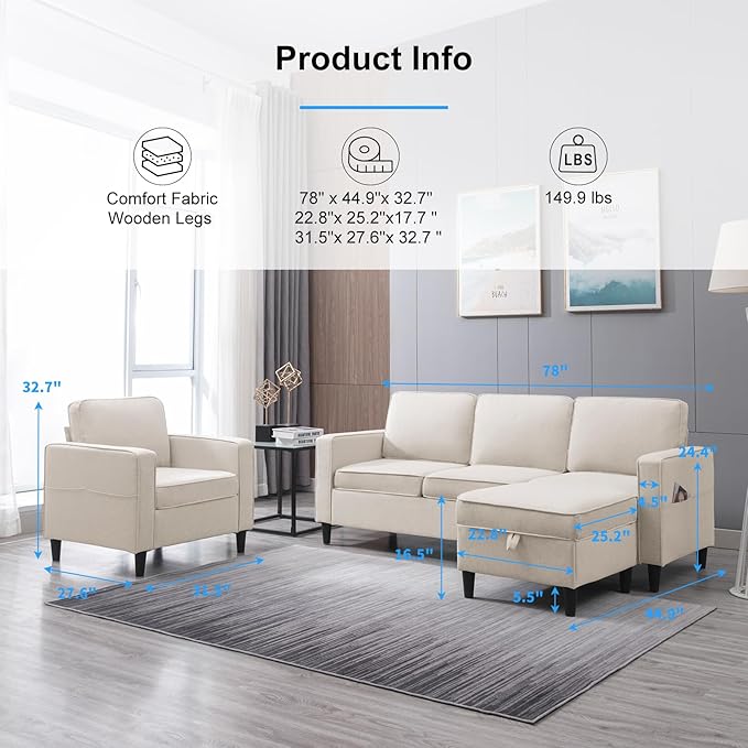 PUREMIND 2 Pcs Sofa Set Couches Set w Wooden Sofa Legs Linen Living Room Furniture w Storage Ottoman Storage Pockets Thicken Cushion Sectional Sofas Includes 3-Seater+ Armchair Beige