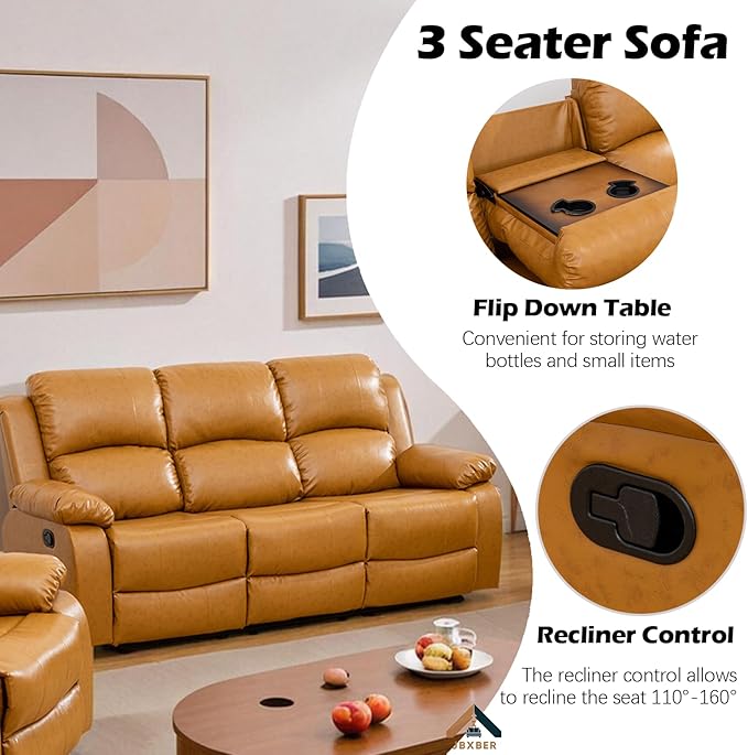 Manual Recliner Sofa Set for Living Room Leather Reclining Sofa Sets Faux Leather Couch Set with Cup Holders Drop-Down Table and Storage Console(LoveseatGinger)