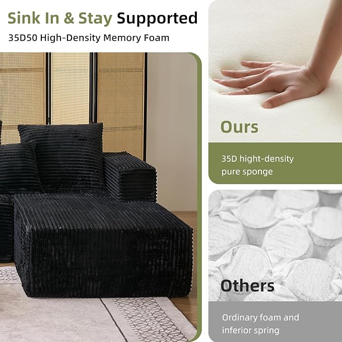 108'' Boneless Couch Sectional Boneless Couch w/Deep Seat Cloud Boneless Couches w/Stripe&amp Flannel Fabrics Boneless L Shaped Couches for Living Room Right Facing Chaise Black