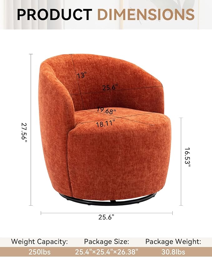 360 Degree Swivel Accent Chair Modern Barrel Vanity Chair with Back Comfy Single Circle Couch for Living Room Bedroom Reading Nook (Chenille Orange)