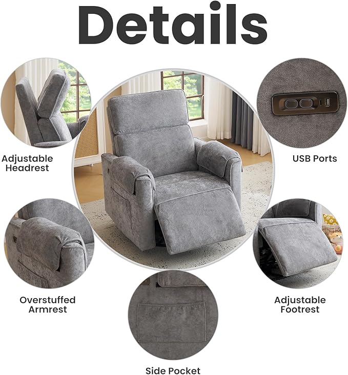 Oversized Power Recliner Chair with Adjustable Headrest Swivel Rocking Recliner Chair for Adults 26 Extra Wide Glider Nursery Chair with Overstuffed Armrest for Living Room USB Ports Grey