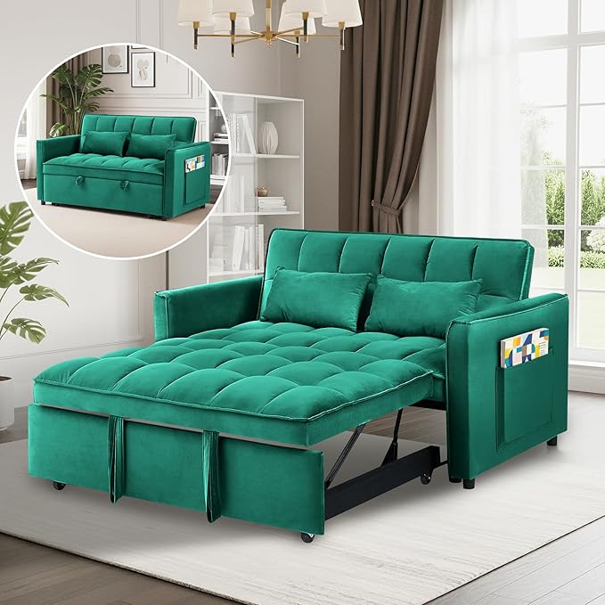 3 in 1 Convertible Sofa Bed Pull Out Couch with Adjustable Backrest Velvet Sleeper Sofa Loveseat with Pillows and Side Pockets for Living Room Bedroom Apartment Green