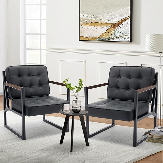 COLAMY Mid Century Modern Accent Chair Set of 2 Comfy Living Room Chair Black Leather Accent Chair Faux Leather Reception Armchair with Metal Legs for Living Room Bedroom Reception Office Black