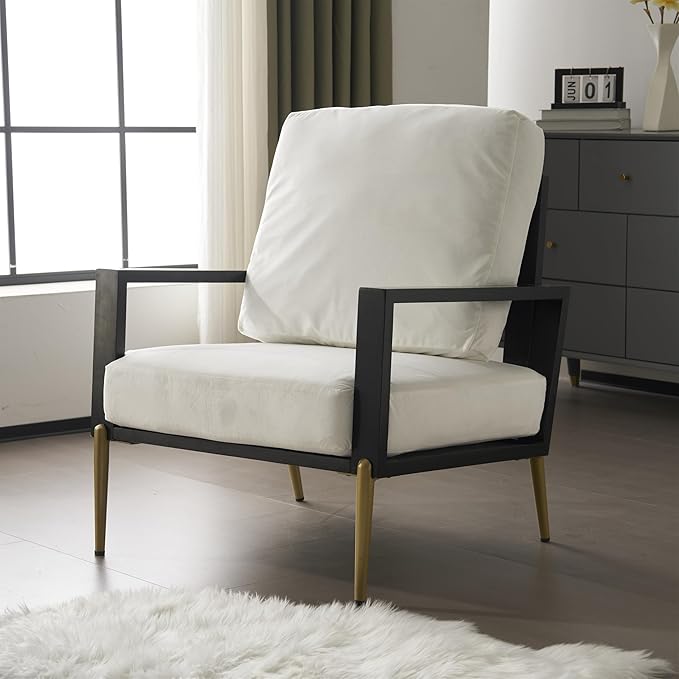 Modern Low Back White Upholstered Accent Armchair with Gold Metal Legs &amp Rubberwood Frame Chic Wide Armrest Minimalist Lounge Chair with Pillow Back Single Sofa Chair for Living Room&ampBalcony