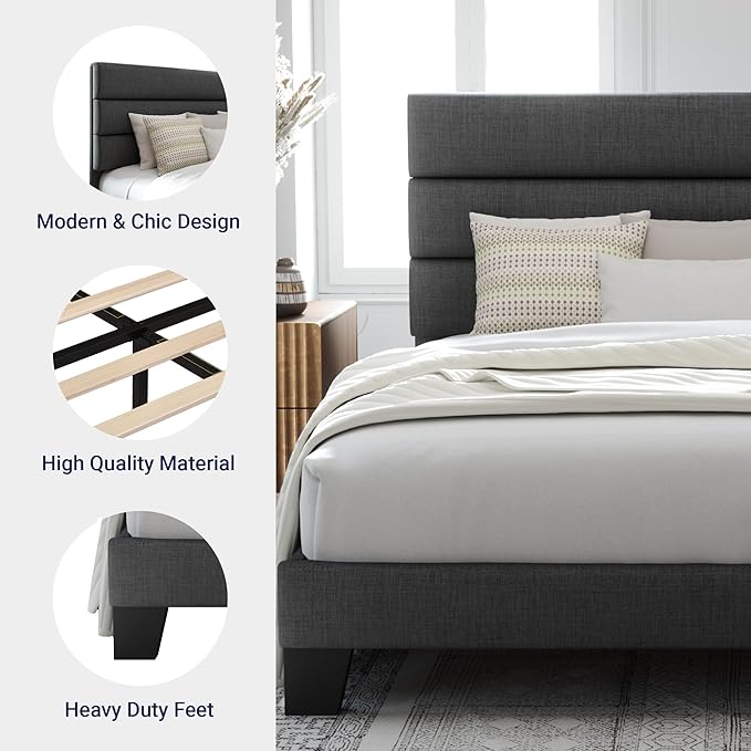 Allewie King Bed Frame Platform Bed with Fabric Upholstered Headboard and Wooden Slats Support Fully Upholstered Mattress Foundation/No Box Spring Needed/Easy Assembly Dark Grey