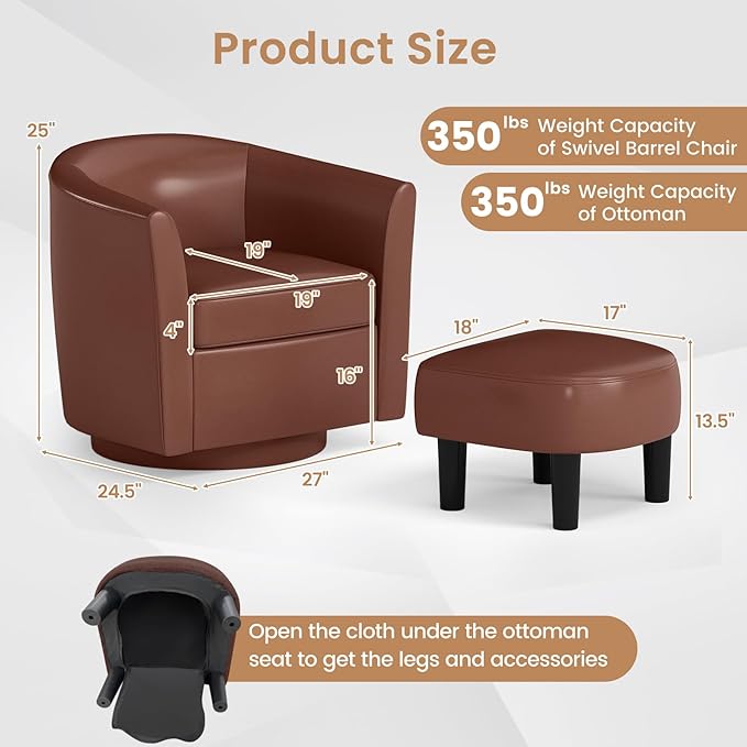 Swivel Chair with Ottoman Modern Barrel Accent Chairs with Removable Seat Cushion Comfy Single Sofa Lounge Armchair Upholstered Round Club Reading Chair for Living Room Bedroom Office