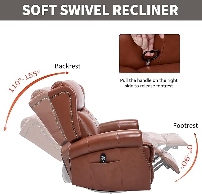 PELUMY Genuine Leather Swivel Rocking Recliner Chair for Adults 360° Swivel Glider Rocker with Heat &amp Vibrating Massage Lounge Chair for Living Room Bedroom Nursery (Tangerine-Red Brown)