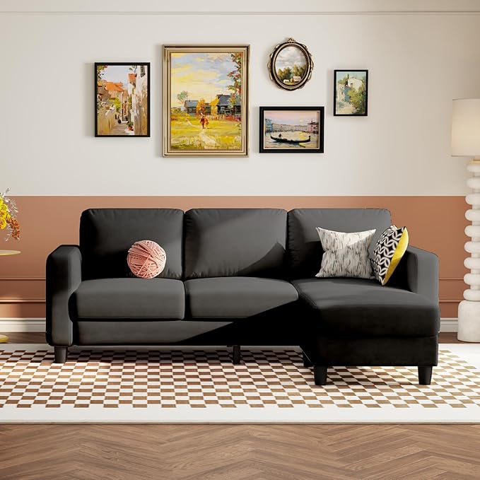73 Small Sectional Sofa with Reversible Chaise Linen Fabric L-Shaped Couch with Solid Oak &amp Iron FrameHigh-density Sponge Spring Seat CushionRemovable Sofa Cover Compact Apartments and Studios