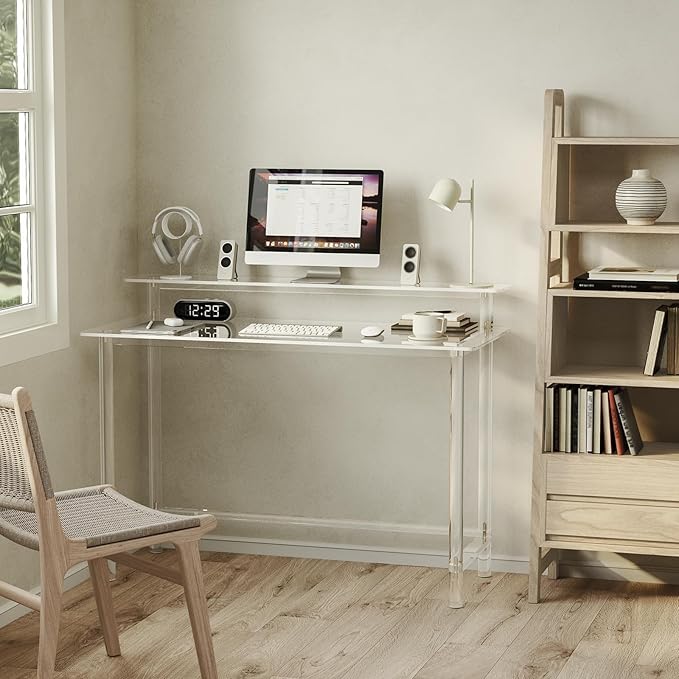 Eglaf Acrylic Desk - 47.2 L x 19.7'' W x 34.5 H - Modern Home Office Desk with Monitor Stand - Clear Desk Computer Desk Writing Table for Office Living Room Bedroom