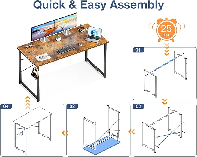Casaottima 48 Inch Small Computer Desk for Home Office Study Writing Table for Small Spaces Simple Modern Desk with Headphone Hooks Rustic Brown
