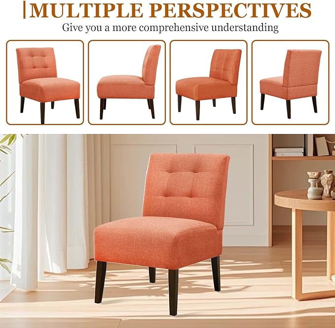 Modern Accent Chair for Living Room Upholstered Armless Slipper Chair with Back &amp Wood Legs Comfy Small Chair for Bedroom Living Room Reading Spaces Office (Orange2)