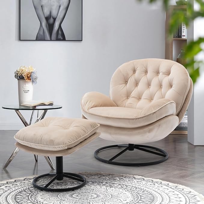 i-POOK Velvet Swivel Chair with Matching Swivel Ottoman Modern Upholstered Accent Chair with Round Black Metal Base and Backrest for Bedroom Living Room and Apartment Beige