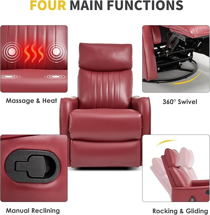 Swivel Rocker Recliner Chair 360° Swivel Recliner with Heat and Massage Rocker Recliner Nursery Glider Chair with Side Pockets for Living Room (Red Faux Leather)