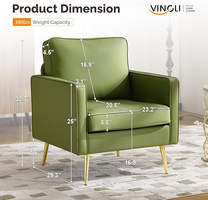 VINGLI Modern PU Leather Accent Chair Single Sofa Chair with Pocket Coil Seat Metal Backrest &amp Solid Wood Frame Upholstered Armchair for Living Room Bedroom or Office