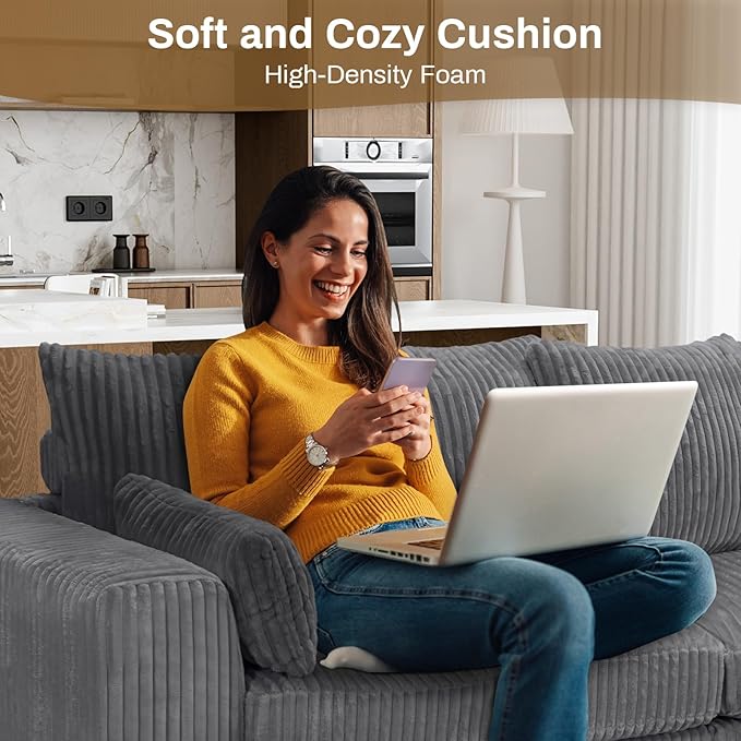 Legend Vansen Modular Sectional Couch Upholstered Corduroy Sofa with Deep Seat and Widened ArmrestsComfy Sectional Couches for Living RoomBedroom (Grey 4 Seat Sofa)