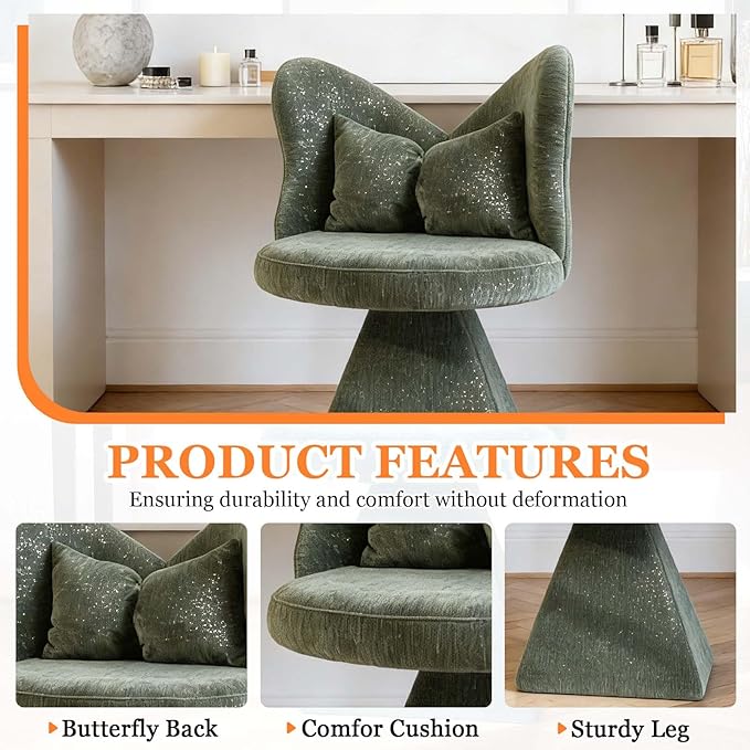 360° Swivel Vanity Chair with Back and PillowChenille Comfy Makeup Chairs for VanityGreen Modern Desk Chair No Wheels for BedroomLiving Room (Green)