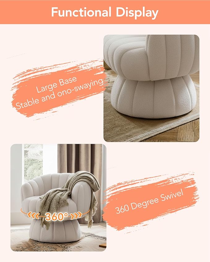 Vanity 360-Degree Swivel Accent Chair - Mid Century Modern Plush Round Makeup Chair Relaxing Comfy Lounge Sofa Arm Chairs Idear for Living Room Bedroom (Beige Velvet Fabric)