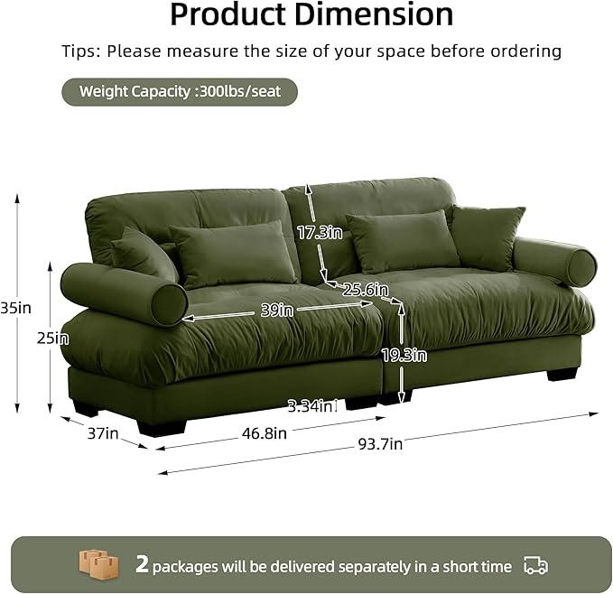 Loveseat Sofa 93.7 Modular Sectional Sofa 2 Seater Modern Cloud Couch Oversized Sectional Couches for Living Room Comfy Velvet Sofas Deep Seat Couch with 4 Pillows for Apartment Green