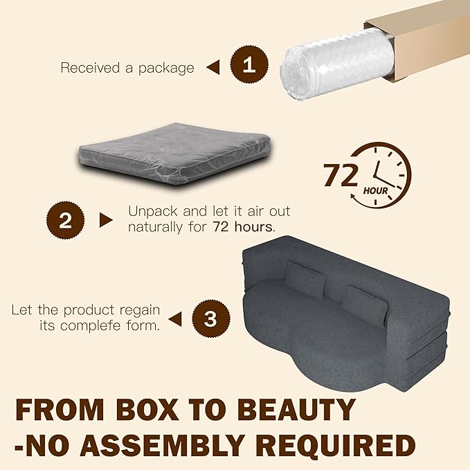 2 in 1 Convertible Compressed Sofa Bed 49'' Modern Boneless Single Sleeper in a Box Floor Mattress Futon Loveseat Couch No Assembly Needed Space Saving Dark Grey 2 Pillows Twin for Home