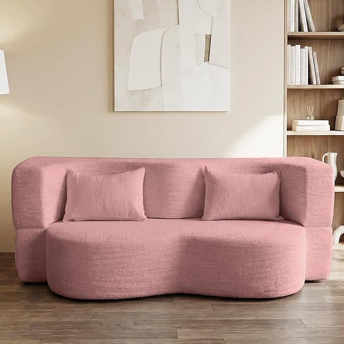 Modern Convertible Sleeper Sofa BedCompact Couch Loveseat Sofa Curved Seating Floor Couch Comfy Teddy Fabric SofaSoft Cloud Couch with Pillows for Apartment Living Room Bedroom (Pink)