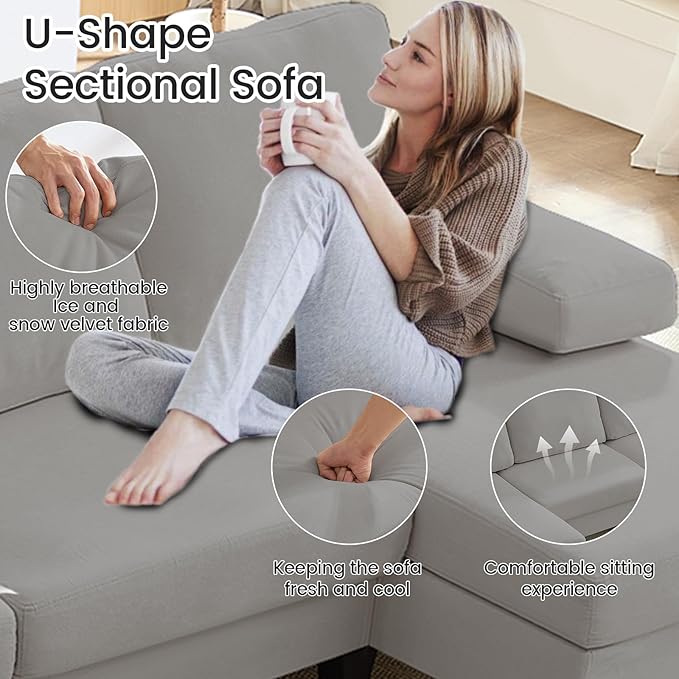 Mjkone 110 Width Sectional Couches with Chaises for Living Room U Shaped Cloud Sofa Couch with Ice Velvet Fabric Minimalist 4 Seater Sofa Set Living Room Sets Furniture for Home Office Light Grey